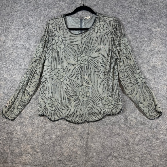Vintage Pure Silk Beaded Floral Sheer Blouse Long Sleeve Art Ethereal Top - Picture 2 of 16